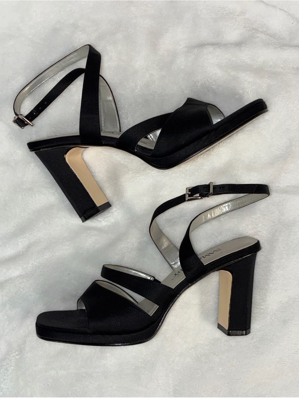 Vintage Sam & Libby Black Satin Strappy Square Toe Heels Size 6.5 M Y2K 90s